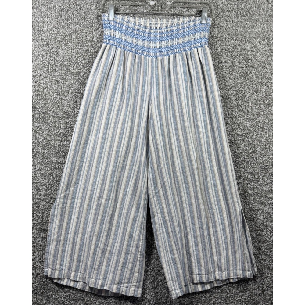 Rewash Wide Leg Pants Blue Striped Smocked‎ Elastic Waist Linen Blend Womens M